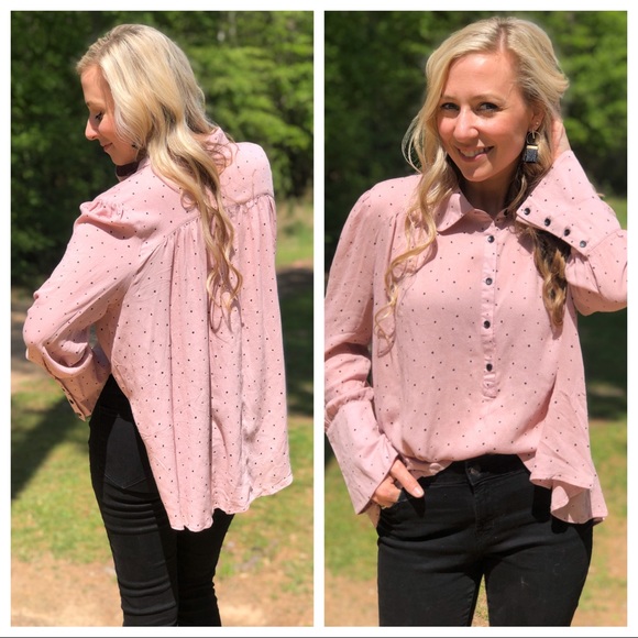 Tops - Collared Polka Dot Top with Button Detail Mauve